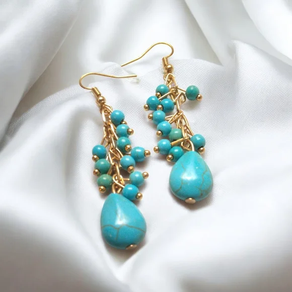 GOLD and Turquoise Dangle Earrings - Picture 1 of 2
